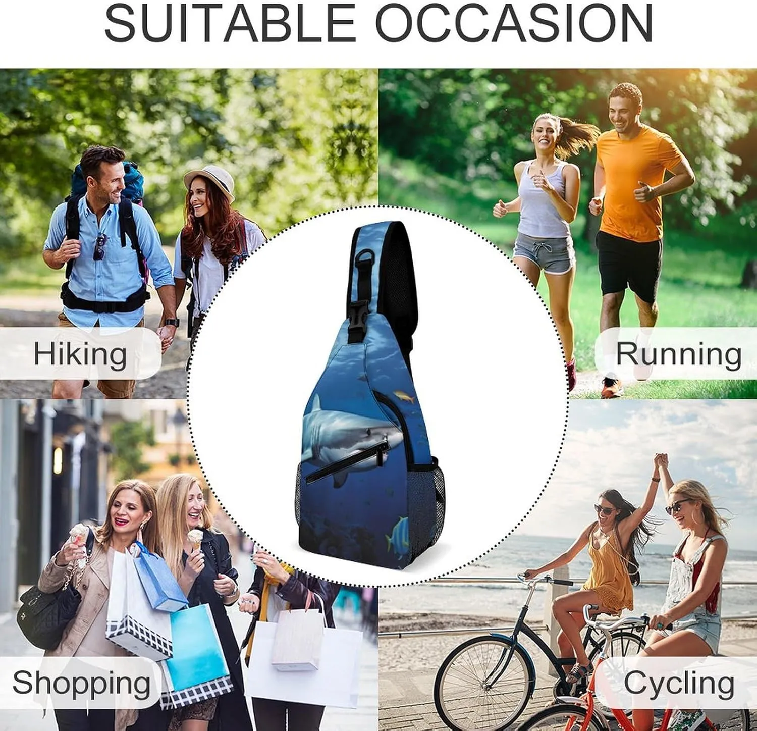 Crossbody Bag Travel Sling Bag for Men Small Sling Backpack Great White Fish Chest Bag Shoulder Bag for Outdoor