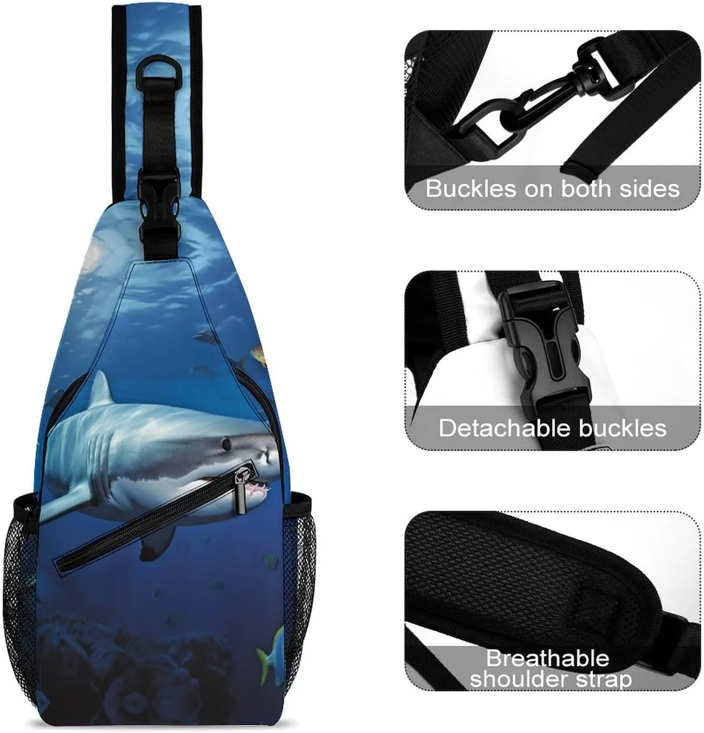 Crossbody Bag Travel Sling Bag for Men Small Sling Backpack Great White Fish Chest Bag Shoulder Bag for Outdoor