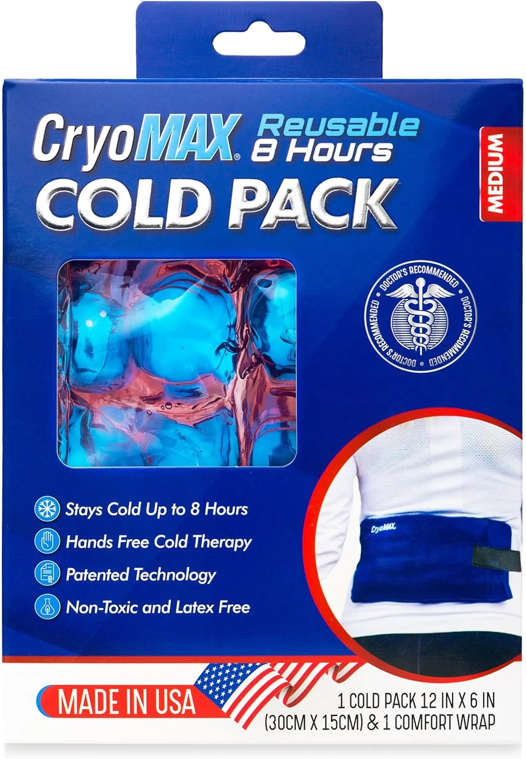 Cryo-Max Cold Pack, 8 Hour Reusable Cold Therapy Ice Pack for Elbows, Knees, Neck   More, Medium, 6" x 12" (1 Count)