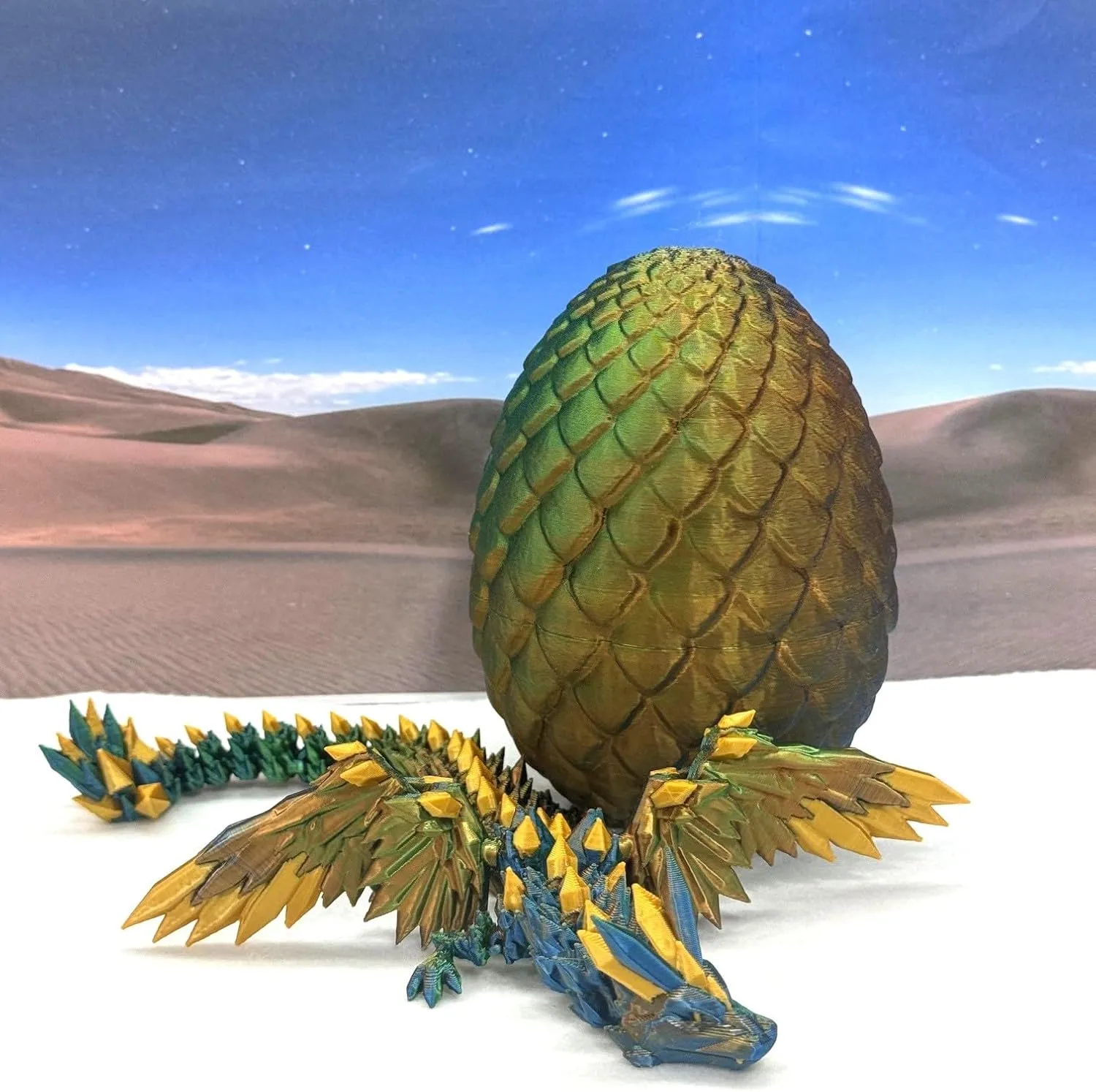 Crystal Winged Dragon with Dragon Egg, 3D Printed Articulated Dragon with Wings, Orange Blue Green Gold Winged Dragon, Fidget ADHD Autism Toy CW001-OBGGD