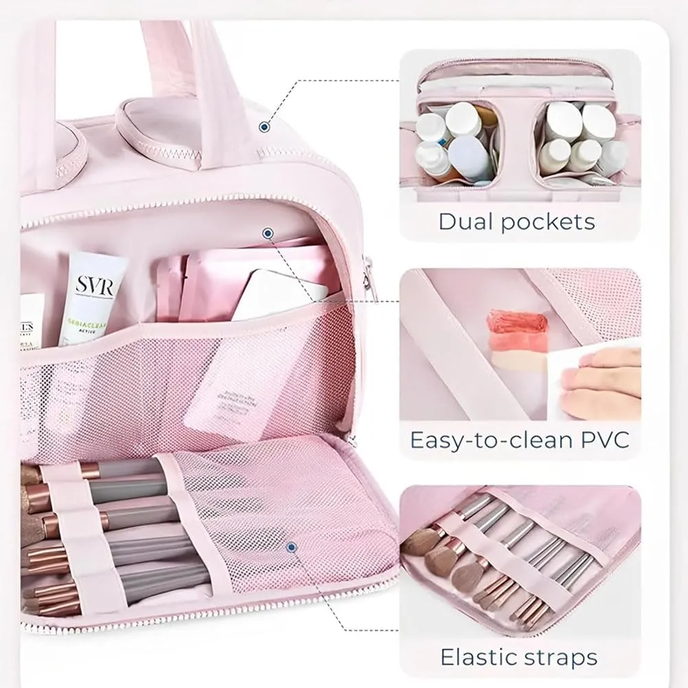 Cureaway Travel Cosmetic Bag, Curetoaway Large Capacity Wide-Open Travel Cosmetic Bag, 4-in-1Travel Makeup Bags For Women With 4 Compartments And Handle, Waterproof Organizer (Beige)