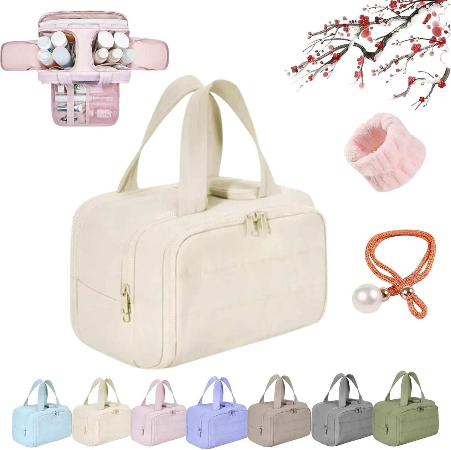 Cureaway Travel Cosmetic Bag, Curetoaway Large Capacity Wide-Open Travel Cosmetic Bag, 4-in-1Travel Makeup Bags For Women With 4 Compartments And Handle, Waterproof Organizer (Beige)