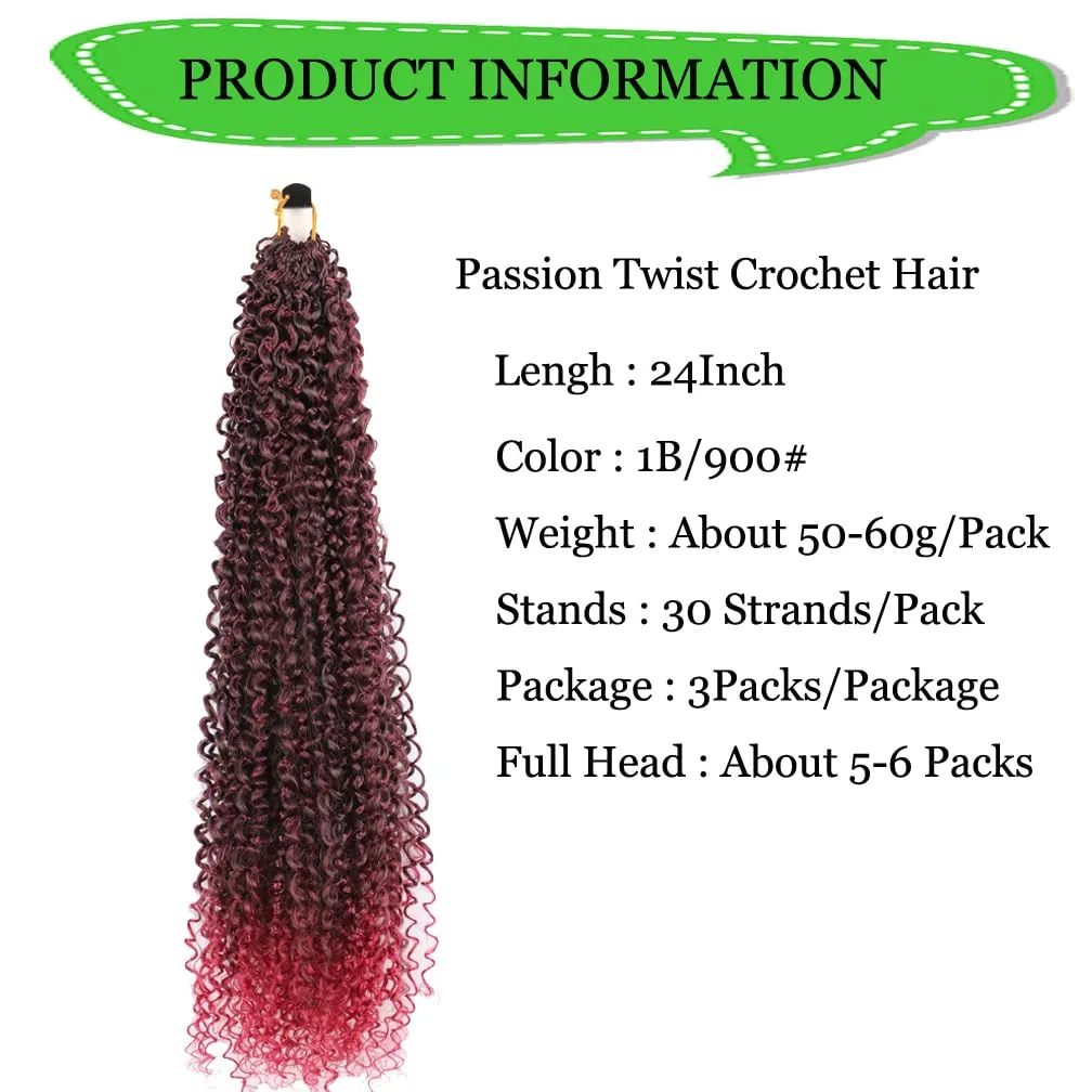 Curly Crochet Hair Extensions Black to Burgundy Passion Twist Braids 24Inch Long Curly Braiding Hair 3Packs Spring Crochet Braids Hair Extensions Goddess Box Braids for Black Women(24",1B900) Ombre
