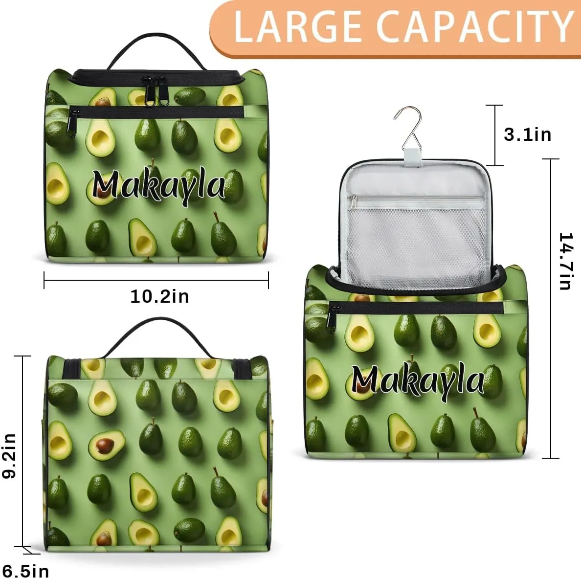 Custom Bathroom Cosmetic Storage Bag for Women Girls Personalized Makeup Bag with Name Hanging Toiletry Cosmetic Bag Avocado