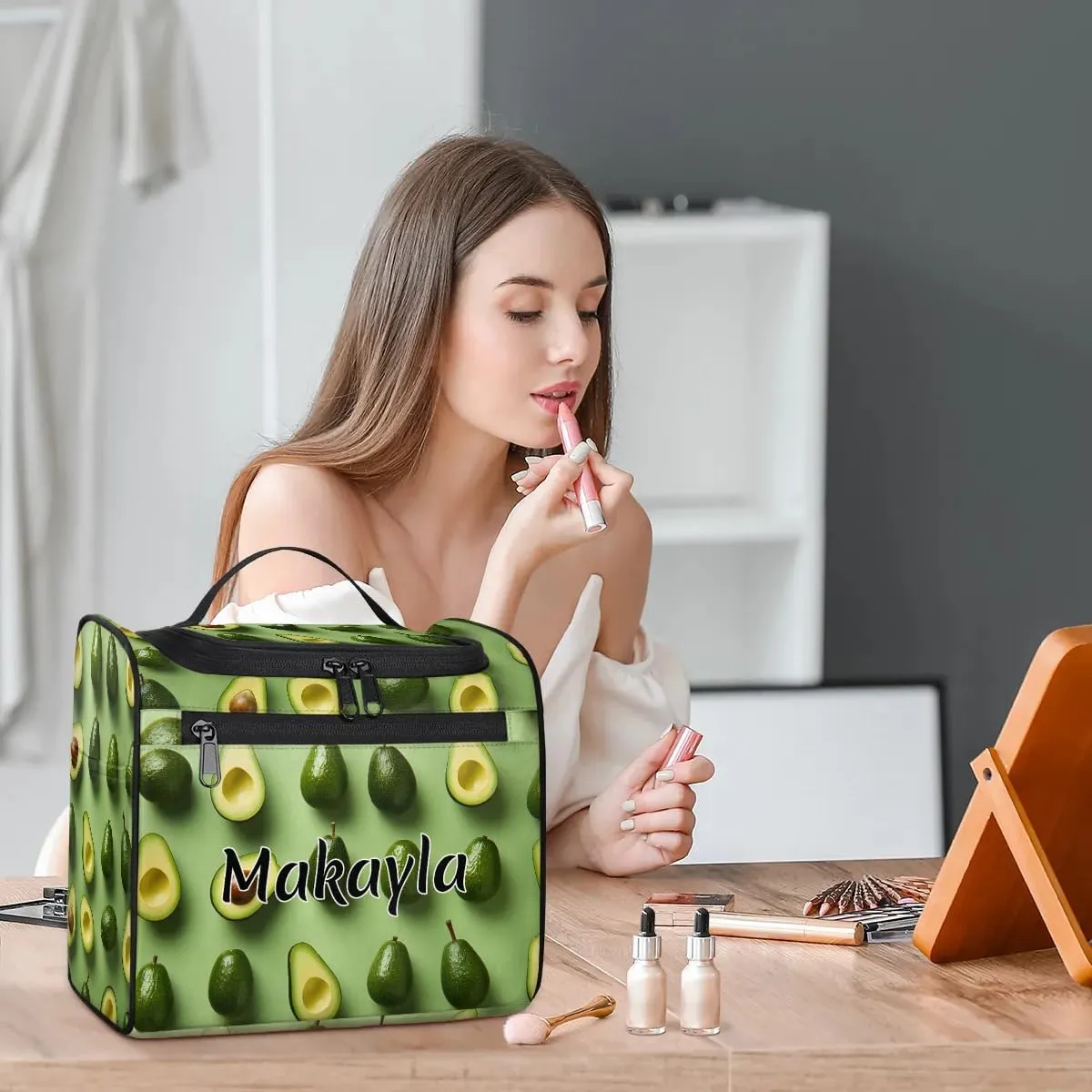 Custom Bathroom Cosmetic Storage Bag for Women Girls Personalized Makeup Bag with Name Hanging Toiletry Cosmetic Bag Avocado