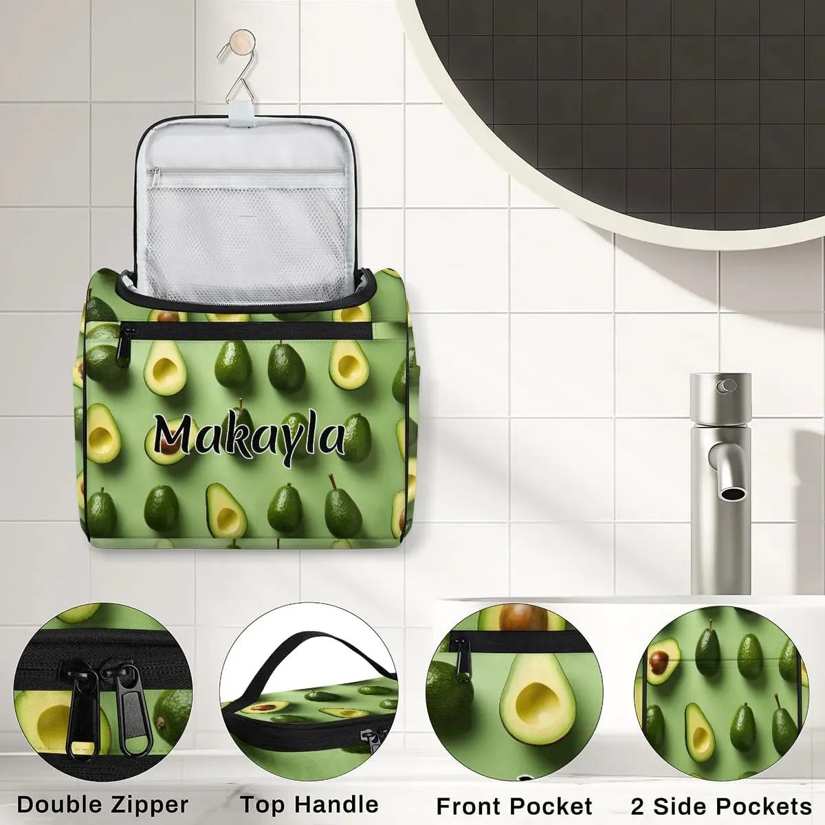 Custom Bathroom Cosmetic Storage Bag for Women Girls Personalized Makeup Bag with Name Hanging Toiletry Cosmetic Bag Avocado