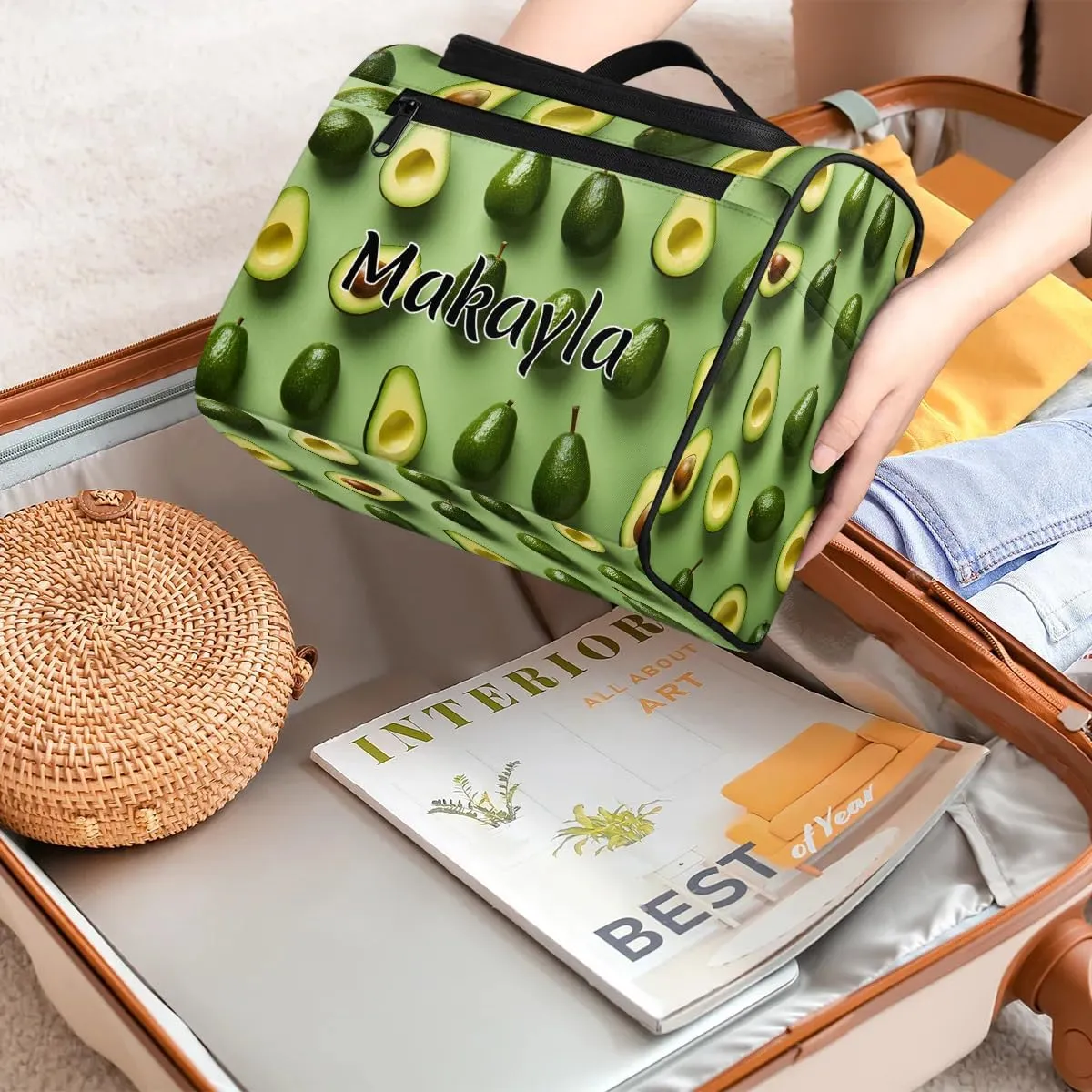 Custom Bathroom Cosmetic Storage Bag for Women Girls Personalized Makeup Bag with Name Hanging Toiletry Cosmetic Bag Avocado