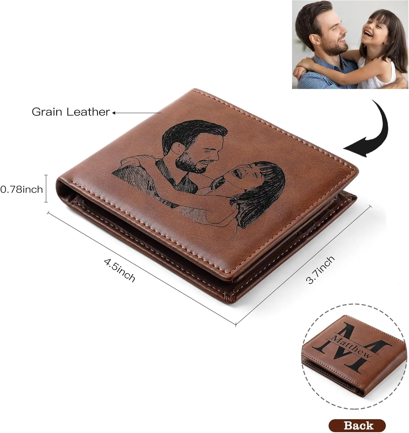 Custom Engraved Leather Wallet with Picture, Personalized Photo Wallet for Men, Gift for Men, Gift for Dad Husband Boyfriend