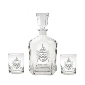 Custom Family Crest Glass Whiskey Decanter and Rocks Glass Gift Set, Made To Order Engraved Family Coat of Arms