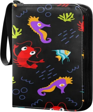 Cute Cartoon Shrimp Seahorse and Fish Card Binder, 4 Pockets Trading Card Binder Holder with 50 Sleeves Holder Album, Card Collection Binder Card Album Book for Football Basketball Baseball Games Spor