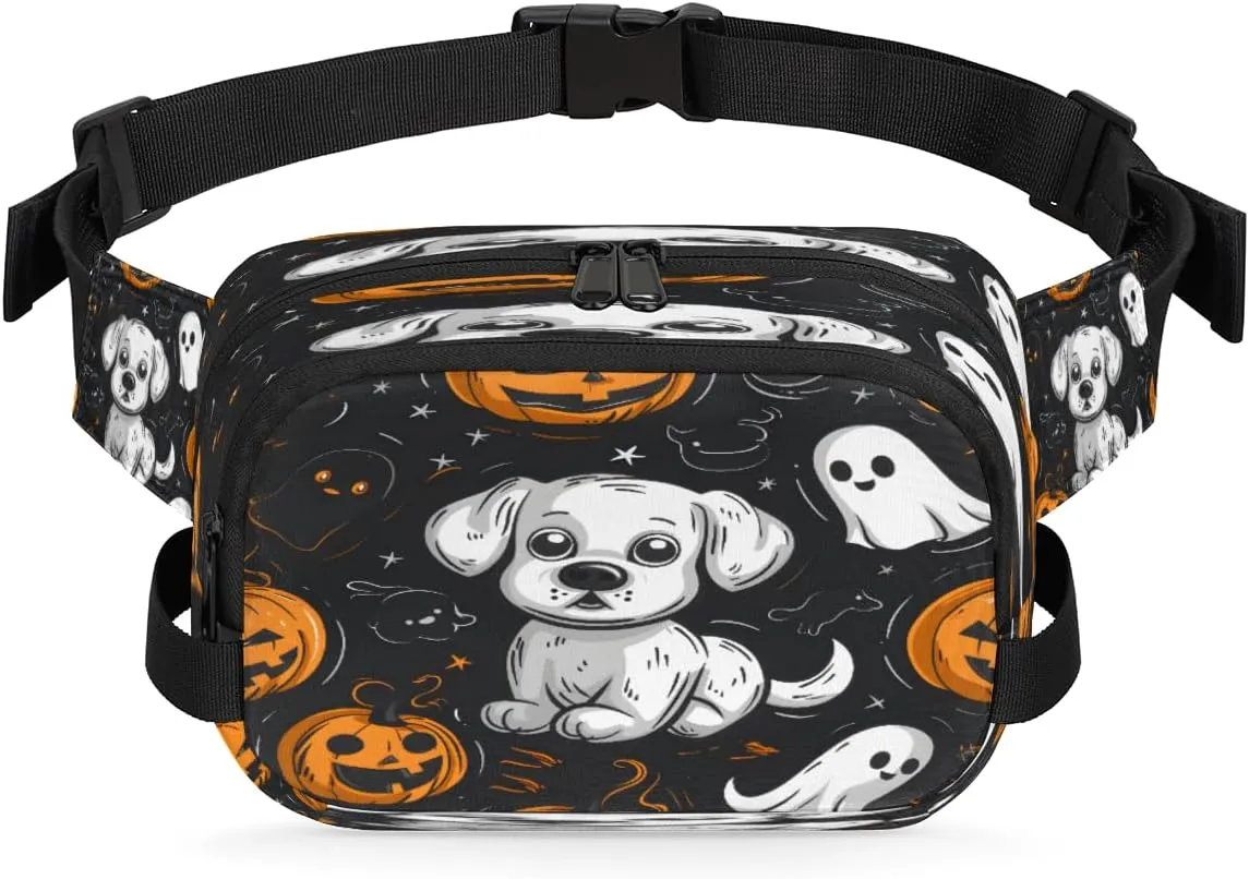Cute Dog Watercolour Pumpkin Lamp Waterproof Fanny Pack for Women Men Adjustable Waist Bag with Double Zipper Pockets Lightweight Square Hip Pack for Running Travel Hiking Workout Cycling
