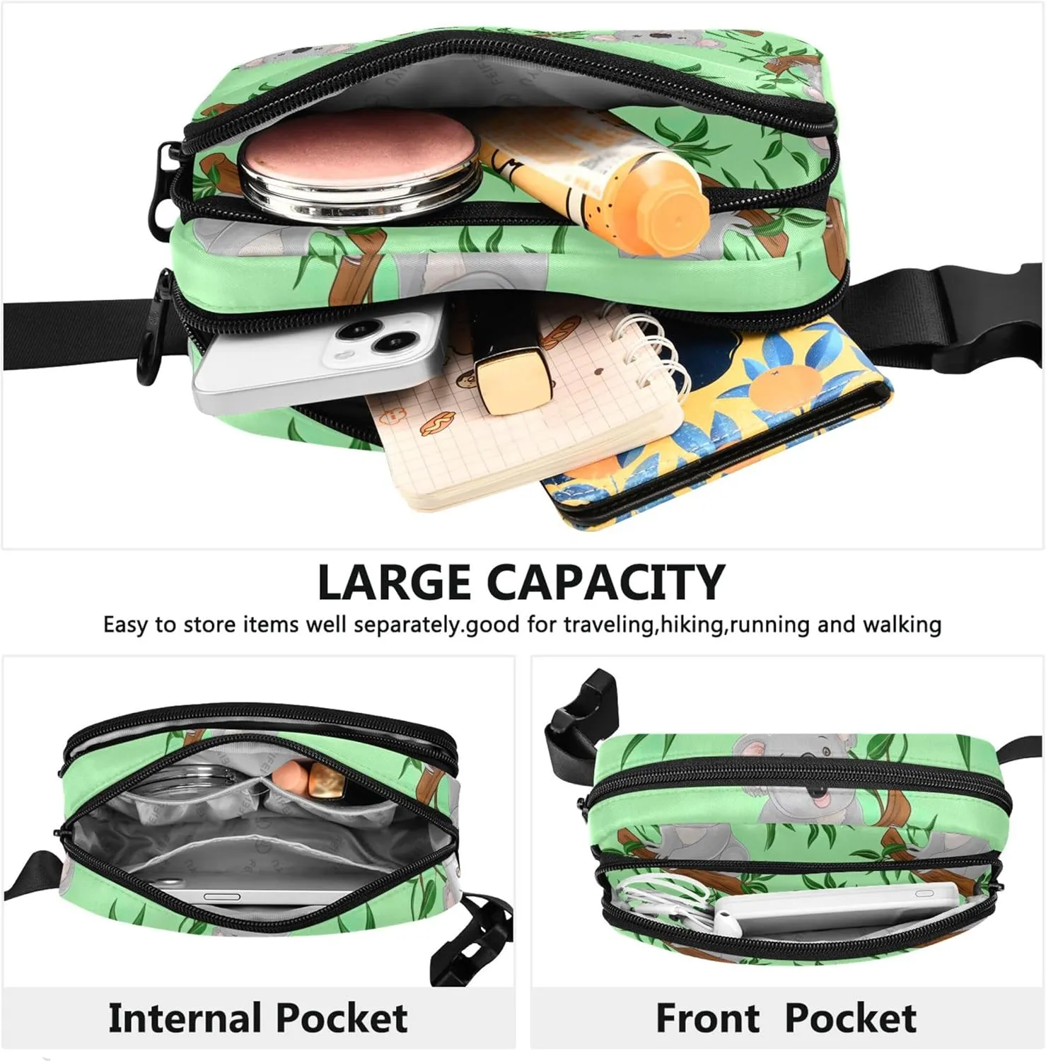 Cute Koalas Tree Branches Green Fanny Packs Women Hip Pack Belt Pouch Waterproof Fashion Travel Waist Pouch