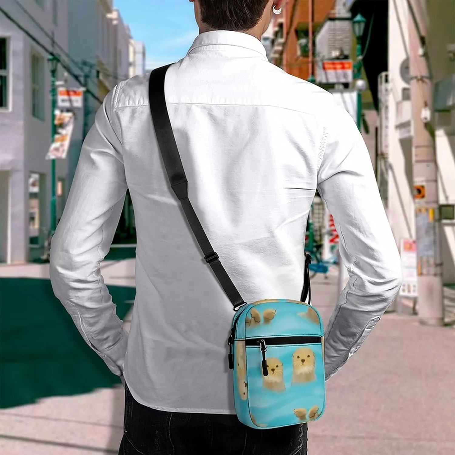 Cute Yellow Brown Otters with Cubs in Turquoise Water Adjustable Fanny Waist Pack Pouch, Waterproof Crossbody Runners Bag Wallet for Gym Hiking Fitness Women Men 6.1 x 2.2 x 7.9 inch
