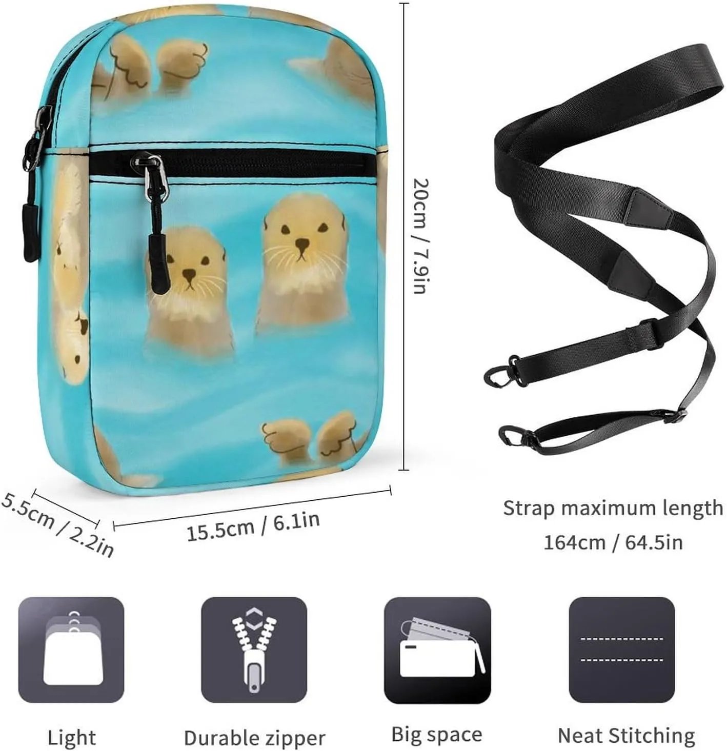 Cute Yellow Brown Otters with Cubs in Turquoise Water Adjustable Fanny Waist Pack Pouch, Waterproof Crossbody Runners Bag Wallet for Gym Hiking Fitness Women Men 6.1 x 2.2 x 7.9 inch