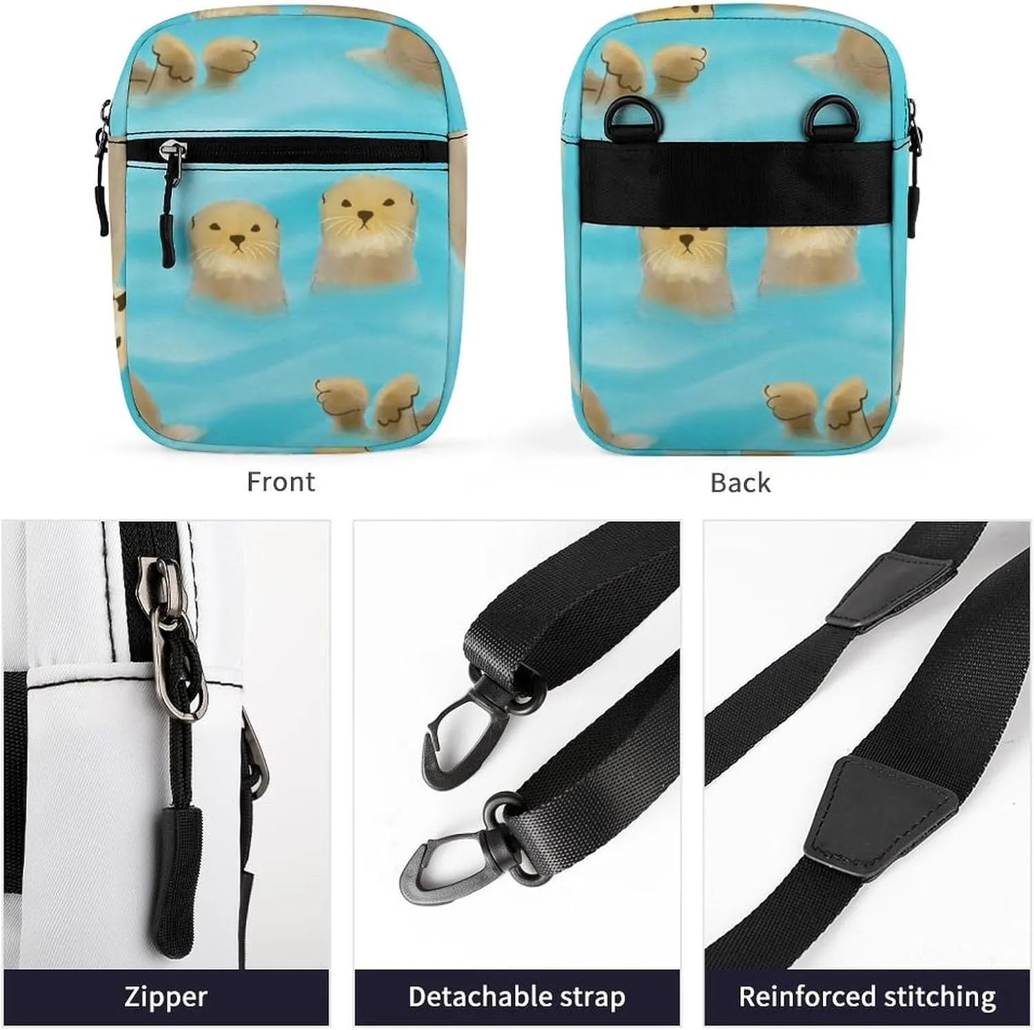 Cute Yellow Brown Otters with Cubs in Turquoise Water Adjustable Fanny Waist Pack Pouch, Waterproof Crossbody Runners Bag Wallet for Gym Hiking Fitness Women Men 6.1 x 2.2 x 7.9 inch