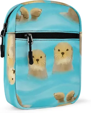 Cute Yellow Brown Otters with Cubs in Turquoise Water Adjustable Fanny Waist Pack Pouch, Waterproof Crossbody Runners Bag Wallet for Gym Hiking Fitness Women Men 6.1 x 2.2 x 7.9 inch