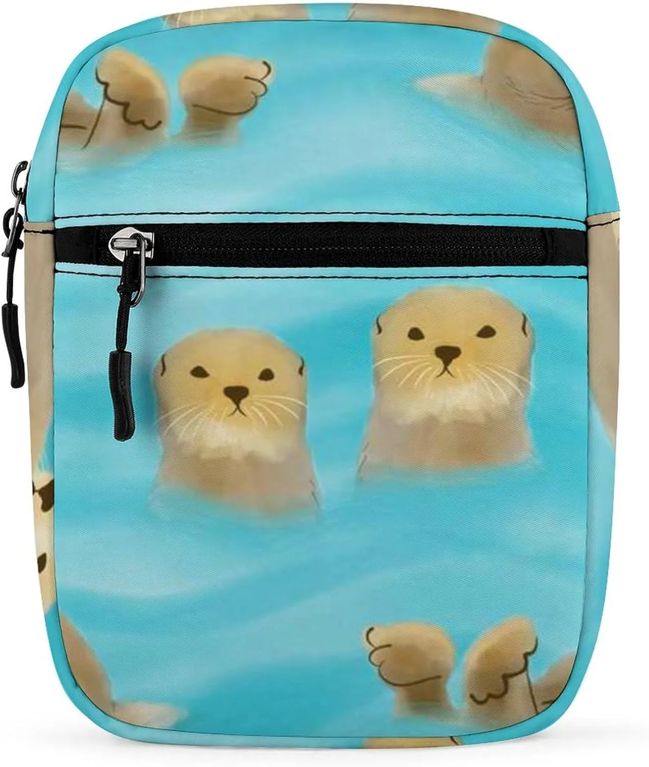 Cute Yellow Brown Otters with Cubs in Turquoise Water Adjustable Fanny Waist Pack Pouch, Waterproof Crossbody Runners Bag Wallet for Gym Hiking Fitness Women Men 6.1 x 2.2 x 7.9 inch
