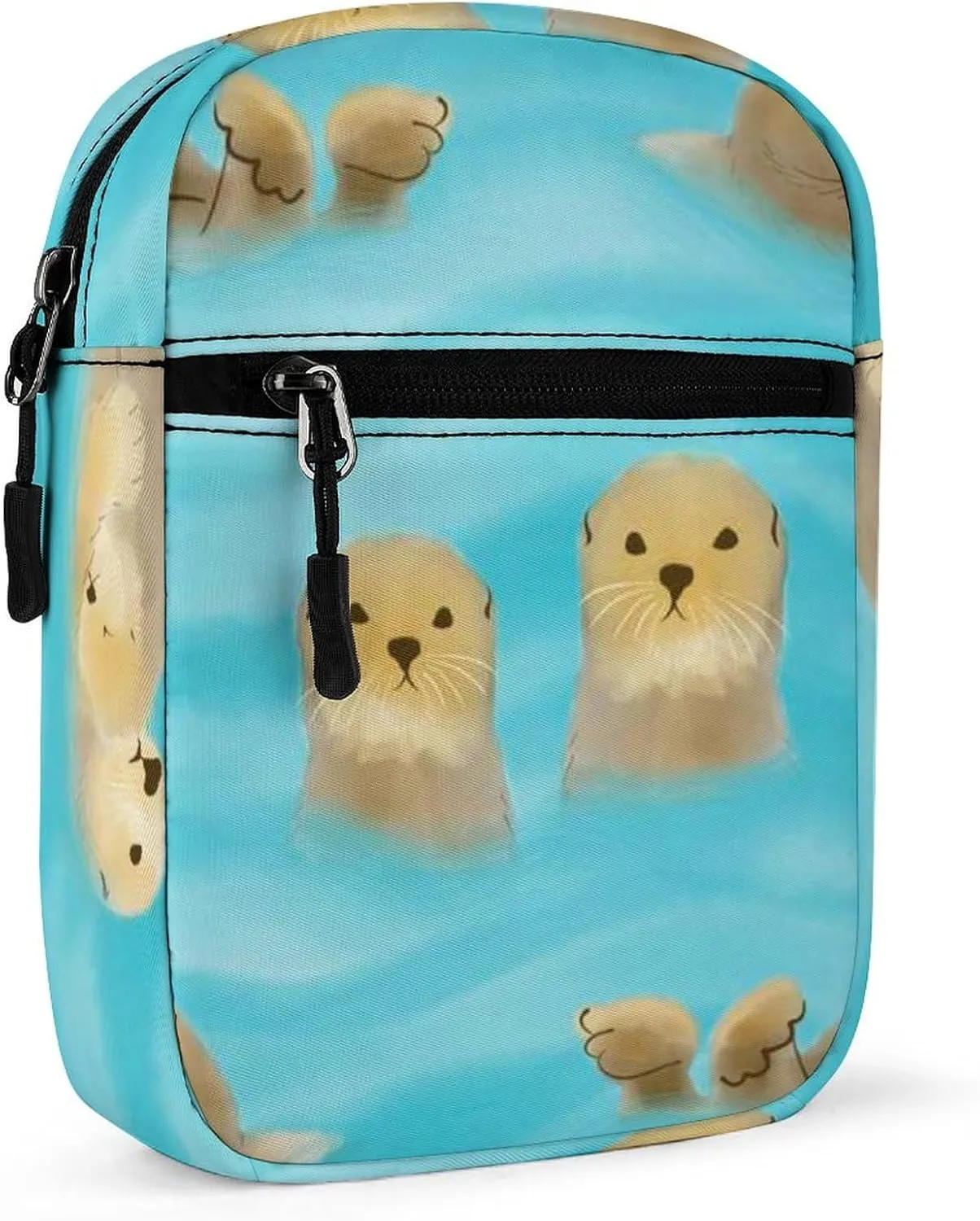 Cute Yellow Brown Otters with Cubs in Turquoise Water Adjustable Fanny Waist Pack Pouch, Waterproof Crossbody Runners Bag Wallet for Gym Hiking Fitness Women Men 6.1 x 2.2 x 7.9 inch