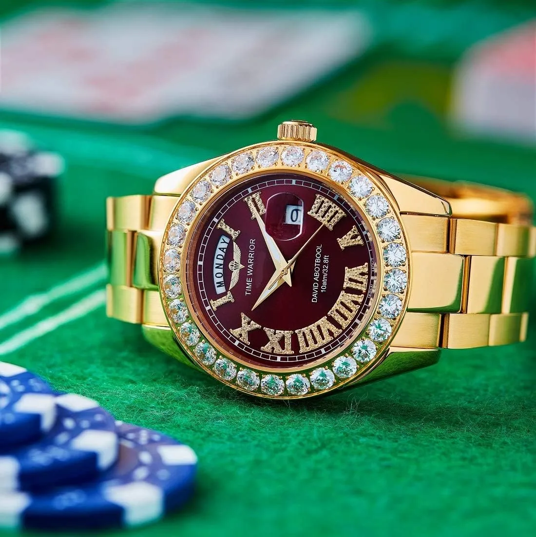 DA Royalty Diamond Watch 18K Gold Plated Japanese Movement, Day Date Gold Watch for Men Big Diamonds.