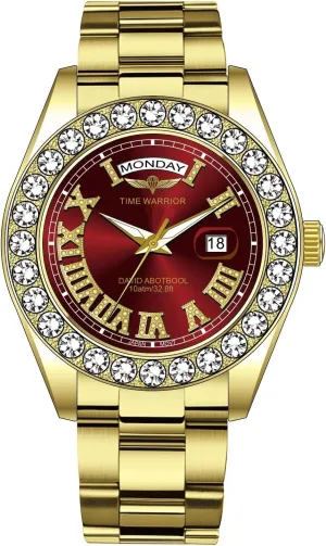 DA Royalty Diamond Watch 18K Gold Plated Japanese Movement, Day Date Gold Watch for Men Big Diamonds.