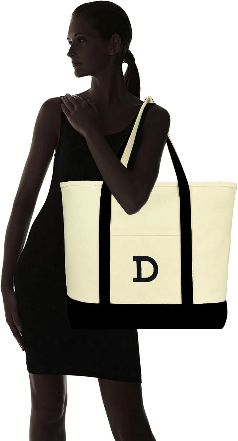 DALIX Initial Tote Bag Personalized Monogram Black Zippered Top Letter - D