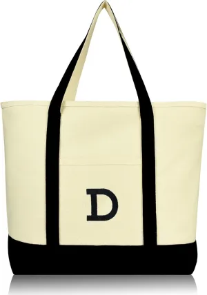 DALIX Initial Tote Bag Personalized Monogram Black Zippered Top Letter - D