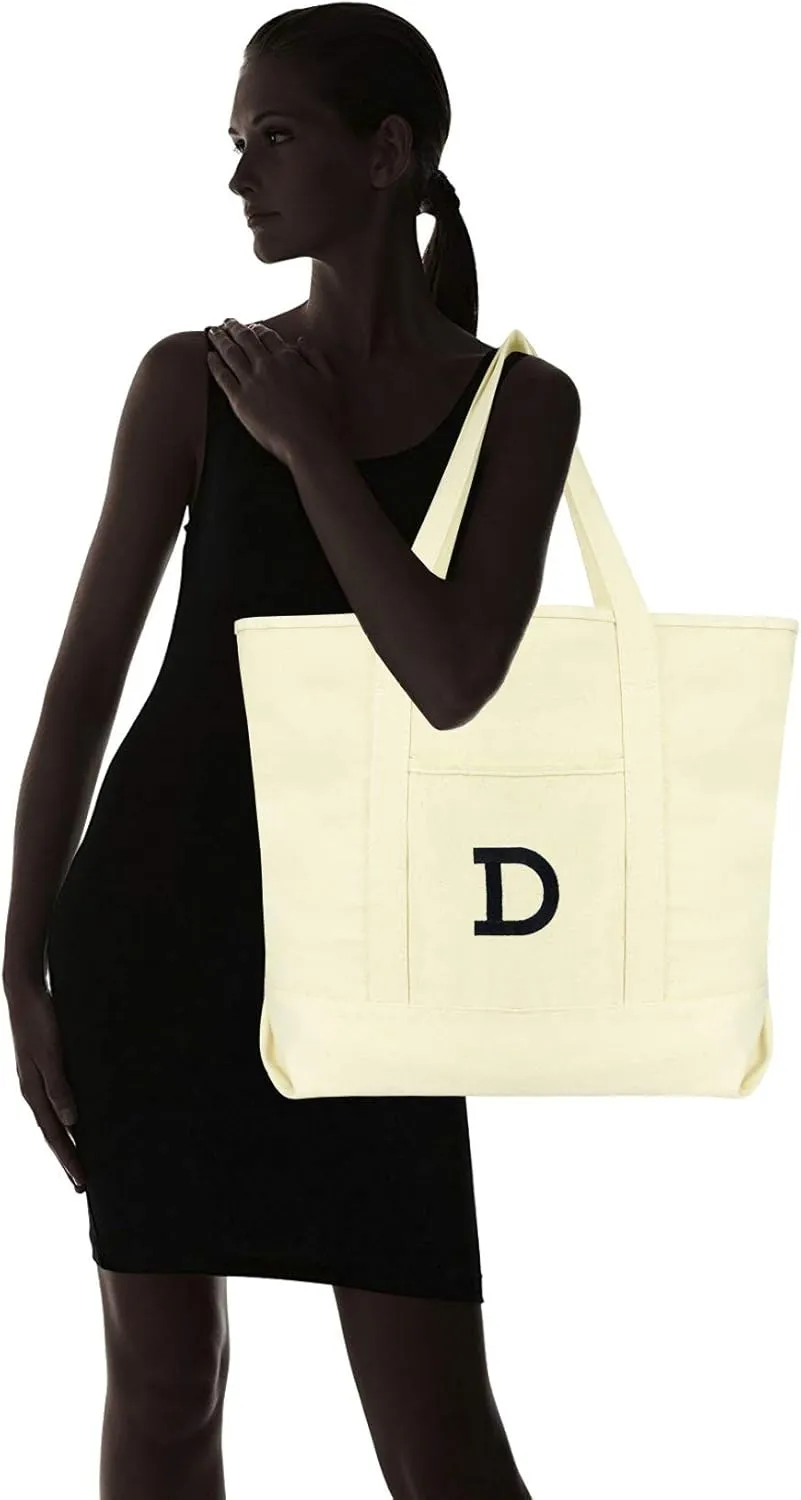 DALIX Initial Tote Bag Personalized Monogram Natural Zippered Top Letter - D