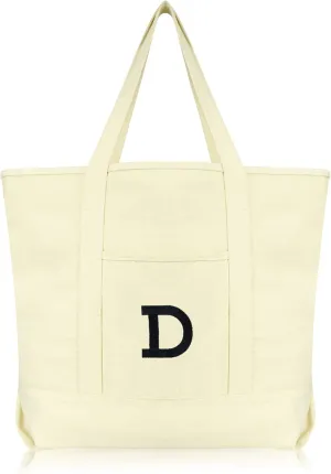 DALIX Initial Tote Bag Personalized Monogram Natural Zippered Top Letter - D