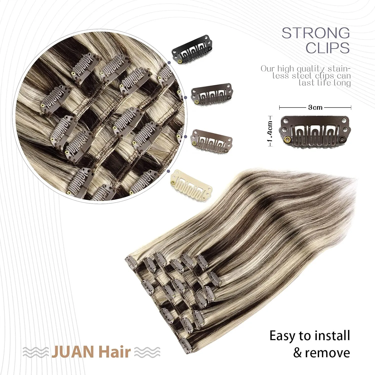 Dark Brown Mixed Bleach Blonde Clip in Hair Extensions Highlight Hair Extensions 100% Remy Human Hair Soft Silky Straight 7pcs 16clips One Pack (18 Inch #2P613)