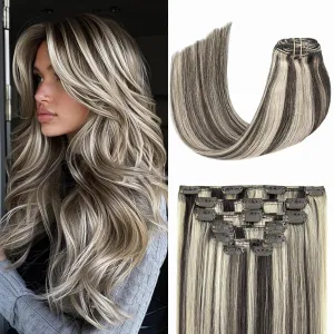 Dark Brown Mixed Bleach Blonde Clip in Hair Extensions Highlight Hair Extensions 100% Remy Human Hair Soft Silky Straight 7pcs 16clips One Pack (18 Inch #2P613)
