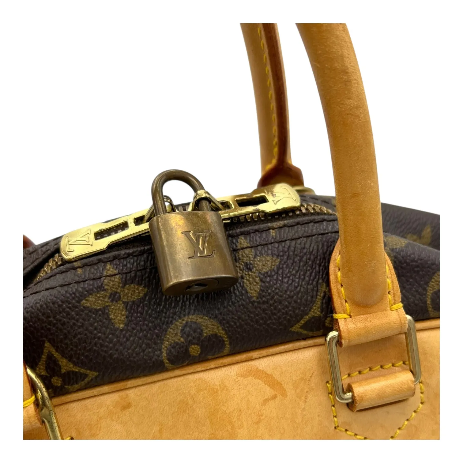 Deauville Top Handle Bag Brown in Monogram Coated Canvas, Gold hardware