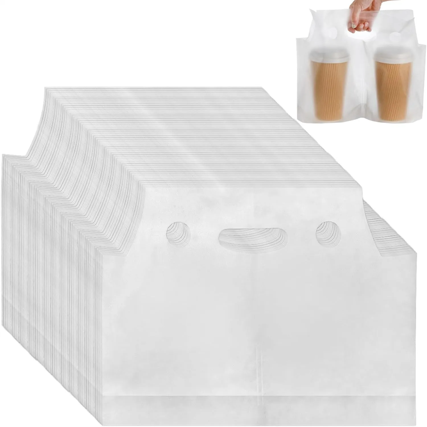DEAYOU 200 PCS Drinking Bag, Plastic Cup Container with Handle for Beverage, Hold 2 Cup, 33 OZ of Each
