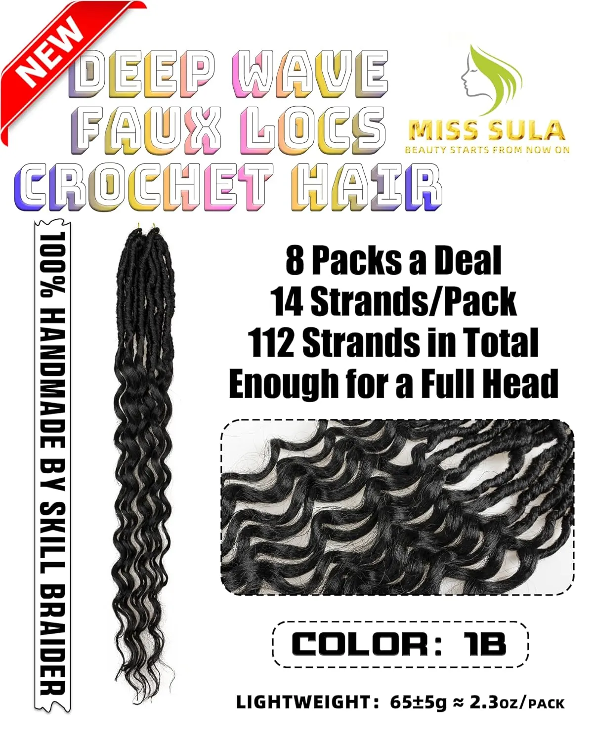 Deep Wave Faux Locs Crochet Hair- 24 Inches 8 Packs Pre Looped Natural Black 112 Strand Synthetic Hair Extensions, Soft Goddess Locs Braids with Long Deep Wave Curly Ends(24"-8 Packs,1B)