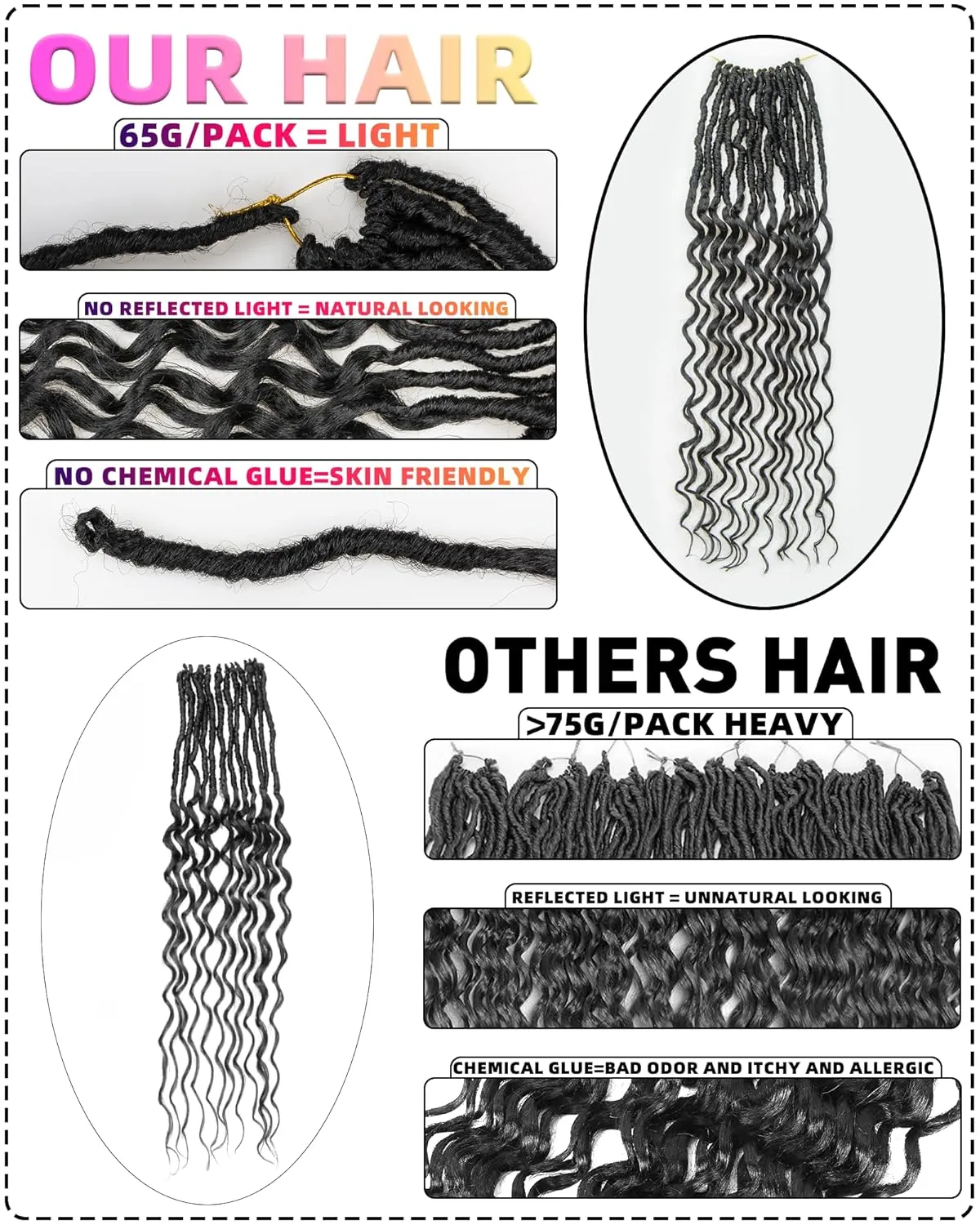 Deep Wave Faux Locs Crochet Hair- 24 Inches 8 Packs Pre Looped Natural Black 112 Strand Synthetic Hair Extensions, Soft Goddess Locs Braids with Long Deep Wave Curly Ends(24"-8 Packs,1B)