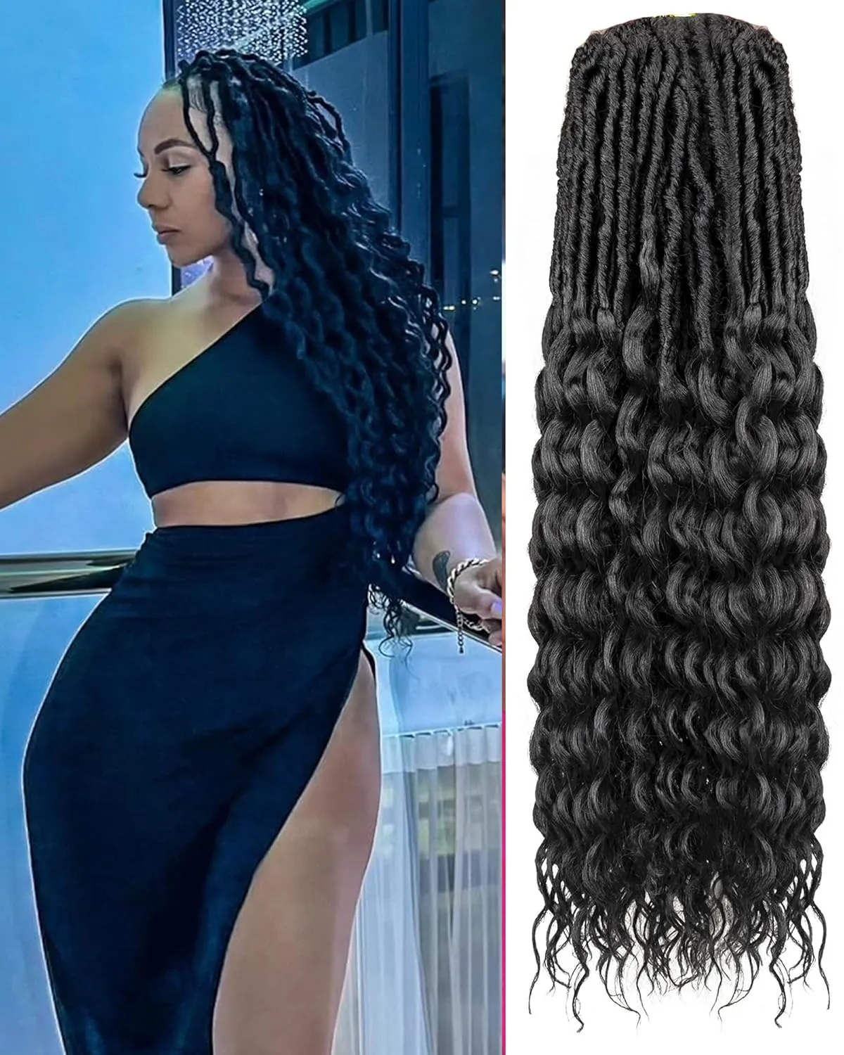 Deep Wave Faux Locs Crochet Hair- 24 Inches 8 Packs Pre Looped Natural Black 112 Strand Synthetic Hair Extensions, Soft Goddess Locs Braids with Long Deep Wave Curly Ends(24"-8 Packs,1B)
