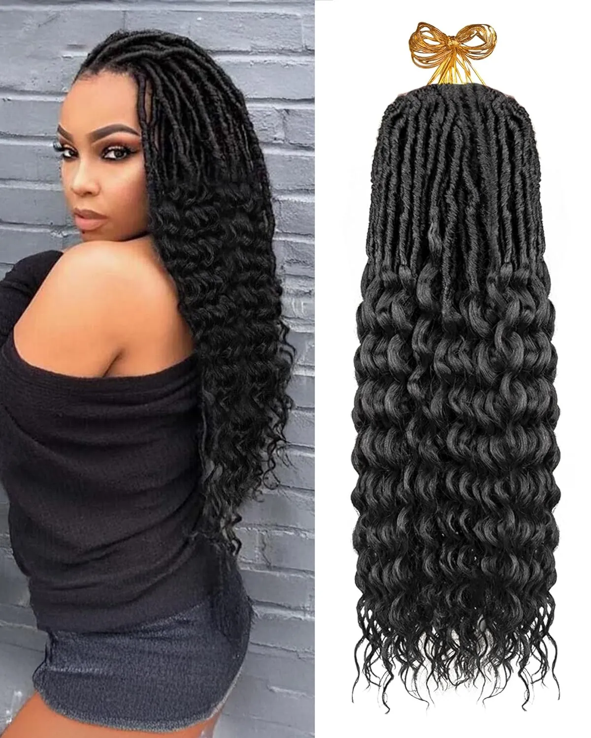 Deep Wave Faux Locs Crochet Hair- 24 Inches 8 Packs Pre Looped Natural Black 112 Strand Synthetic Hair Extensions, Soft Goddess Locs Braids with Long Deep Wave Curly Ends(24"-8 Packs,1B)