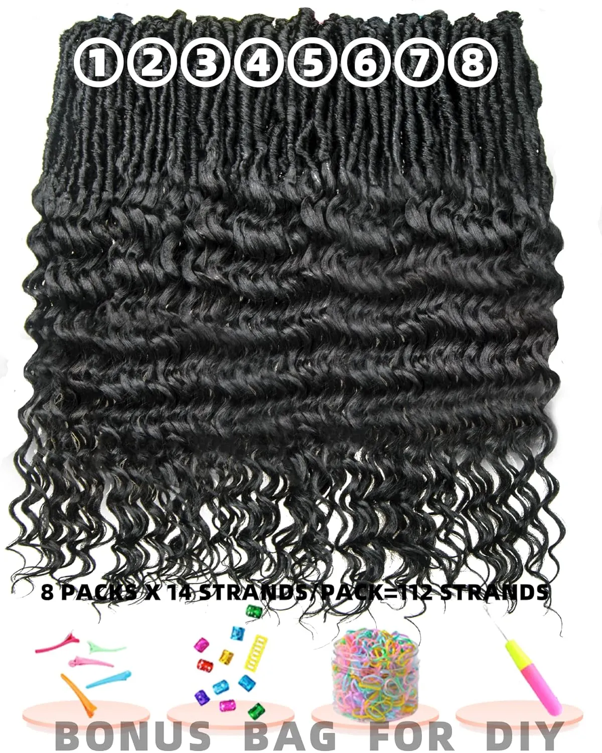 Deep Wave Faux Locs Crochet Hair- 24 Inches 8 Packs Pre Looped Natural Black 112 Strand Synthetic Hair Extensions, Soft Goddess Locs Braids with Long Deep Wave Curly Ends(24"-8 Packs,1B)