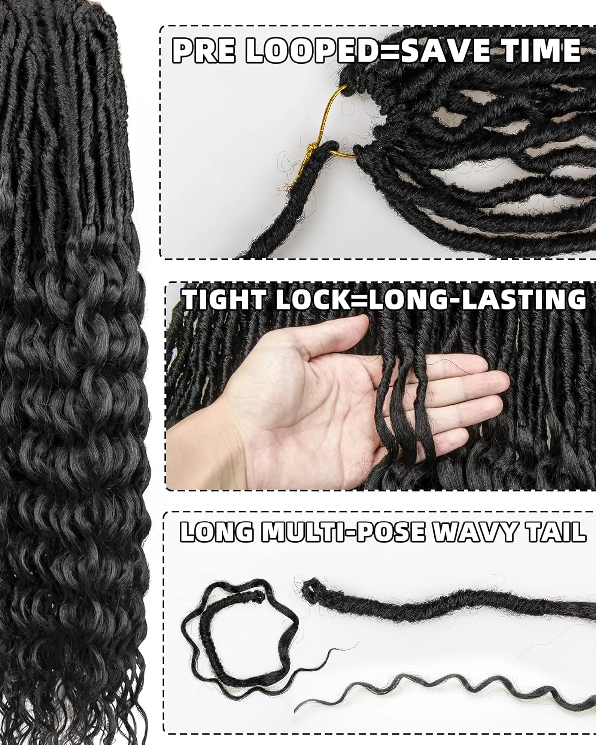 Deep Wave Faux Locs Crochet Hair- 24 Inches 8 Packs Pre Looped Natural Black 112 Strand Synthetic Hair Extensions, Soft Goddess Locs Braids with Long Deep Wave Curly Ends(24"-8 Packs,1B)