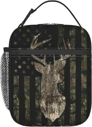 Deer moose camouflage american flagReusable Lunch Box Insulation Lunch Bag Containers Tote Handbag Ice Packs For Women Men Teens Girls
