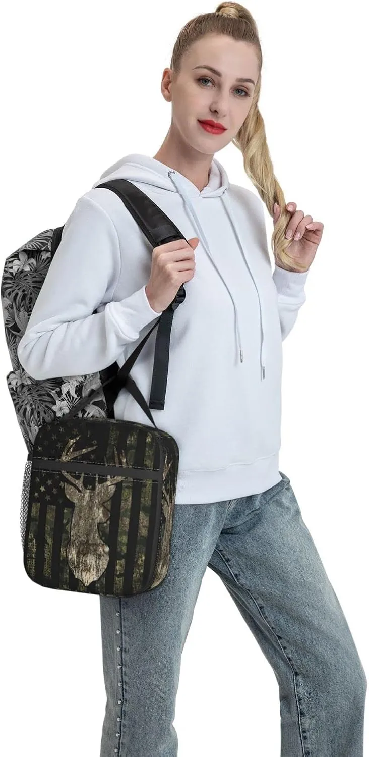 Deer moose camouflage american flagReusable Lunch Box Insulation Lunch Bag Containers Tote Handbag Ice Packs For Women Men Teens Girls