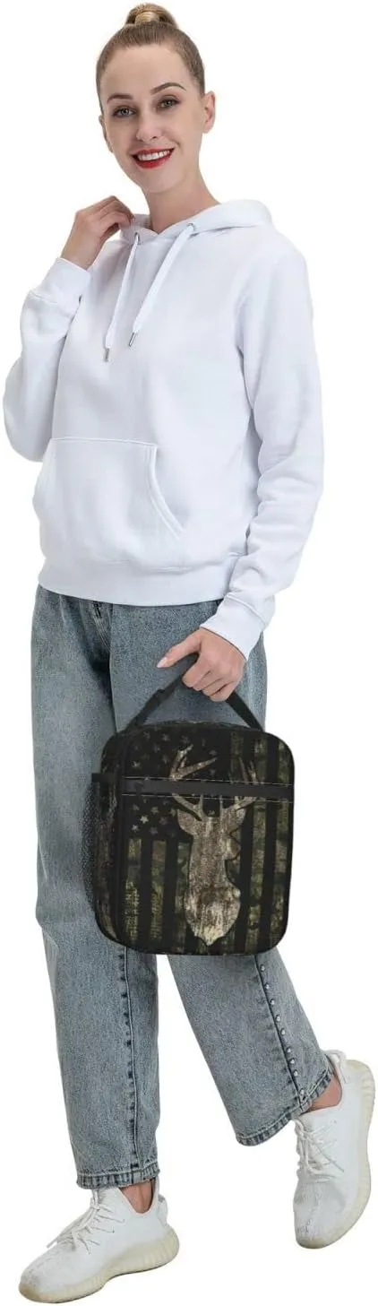 Deer moose camouflage american flagReusable Lunch Box Insulation Lunch Bag Containers Tote Handbag Ice Packs For Women Men Teens Girls