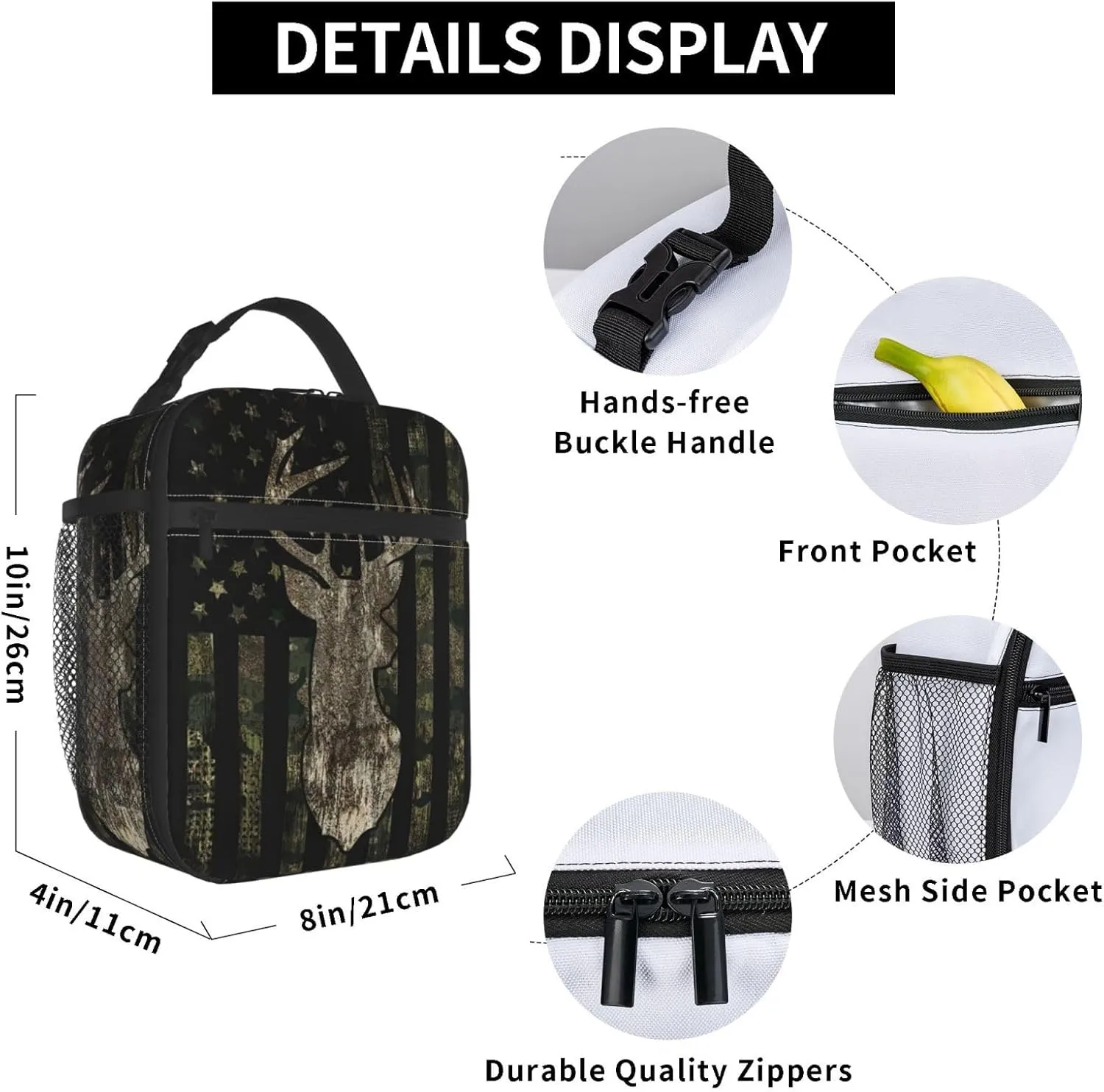 Deer moose camouflage american flagReusable Lunch Box Insulation Lunch Bag Containers Tote Handbag Ice Packs For Women Men Teens Girls