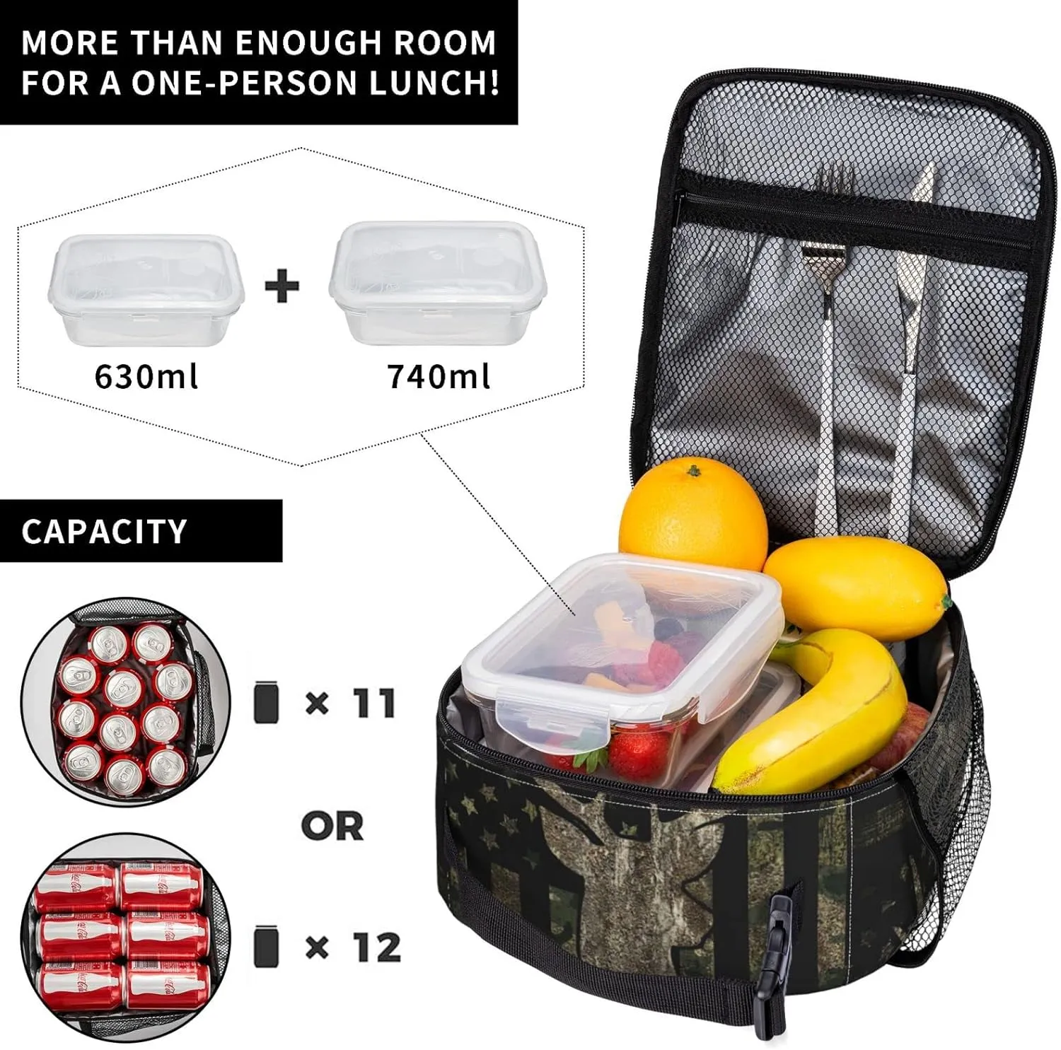 Deer moose camouflage american flagReusable Lunch Box Insulation Lunch Bag Containers Tote Handbag Ice Packs For Women Men Teens Girls