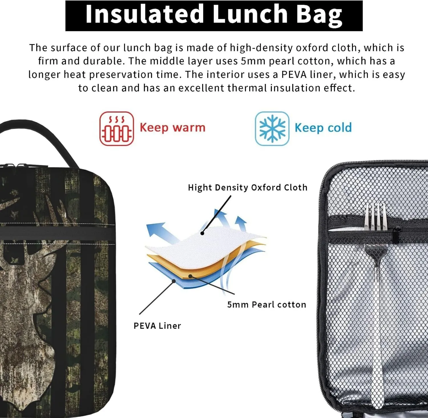 Deer moose camouflage american flagReusable Lunch Box Insulation Lunch Bag Containers Tote Handbag Ice Packs For Women Men Teens Girls