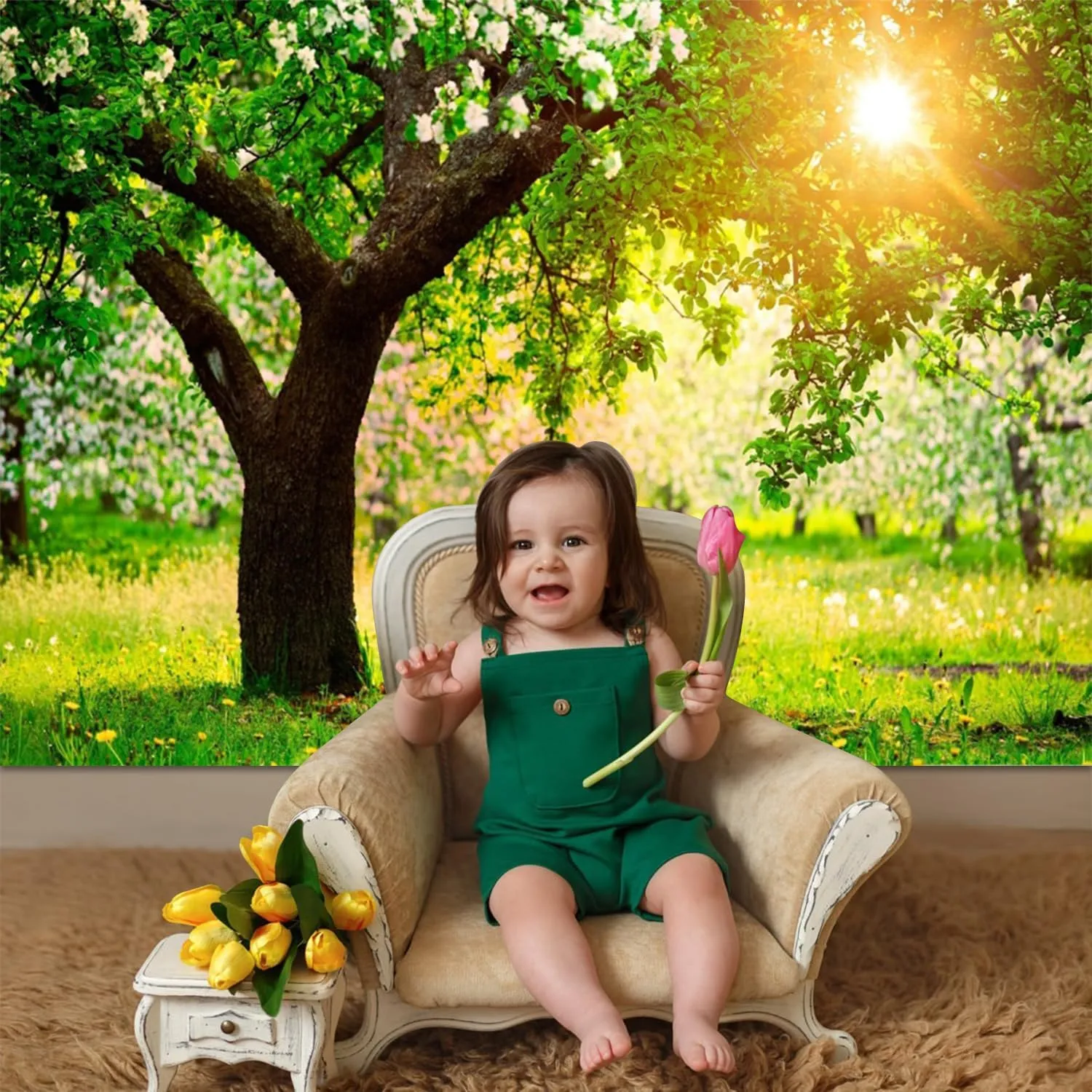deFouliao 8x6ft Spring Backdrop Green Forest Grass Sunshine Flowers Photography Background Narual Outdoor Picnic Backdrops Kids Birthday Party Decorations Banner Photo Studio Props Supplies