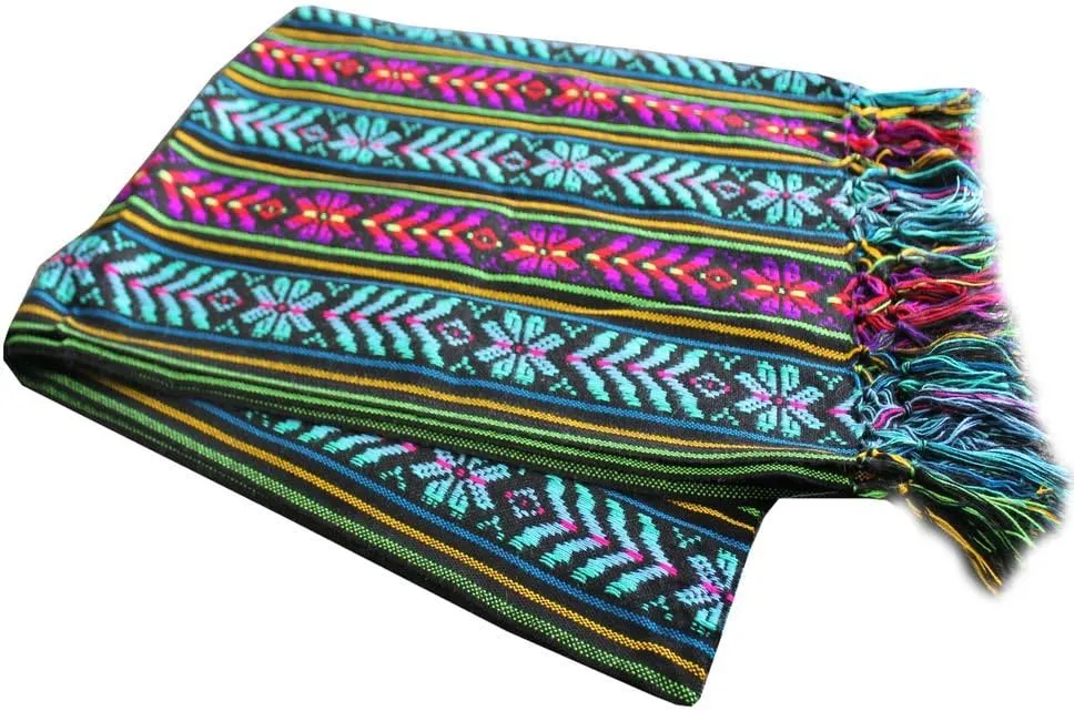 Del Mex Woven Rebozo Style Mexican Table Runner Scarf (Black)