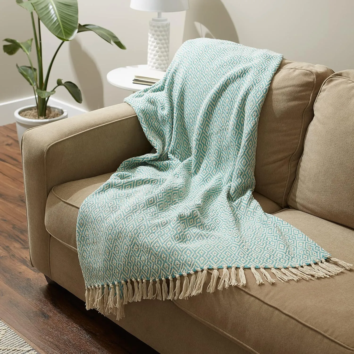 DII Rustic Farmhouse Double Diamond Woven Throw, 50x60, Aqua