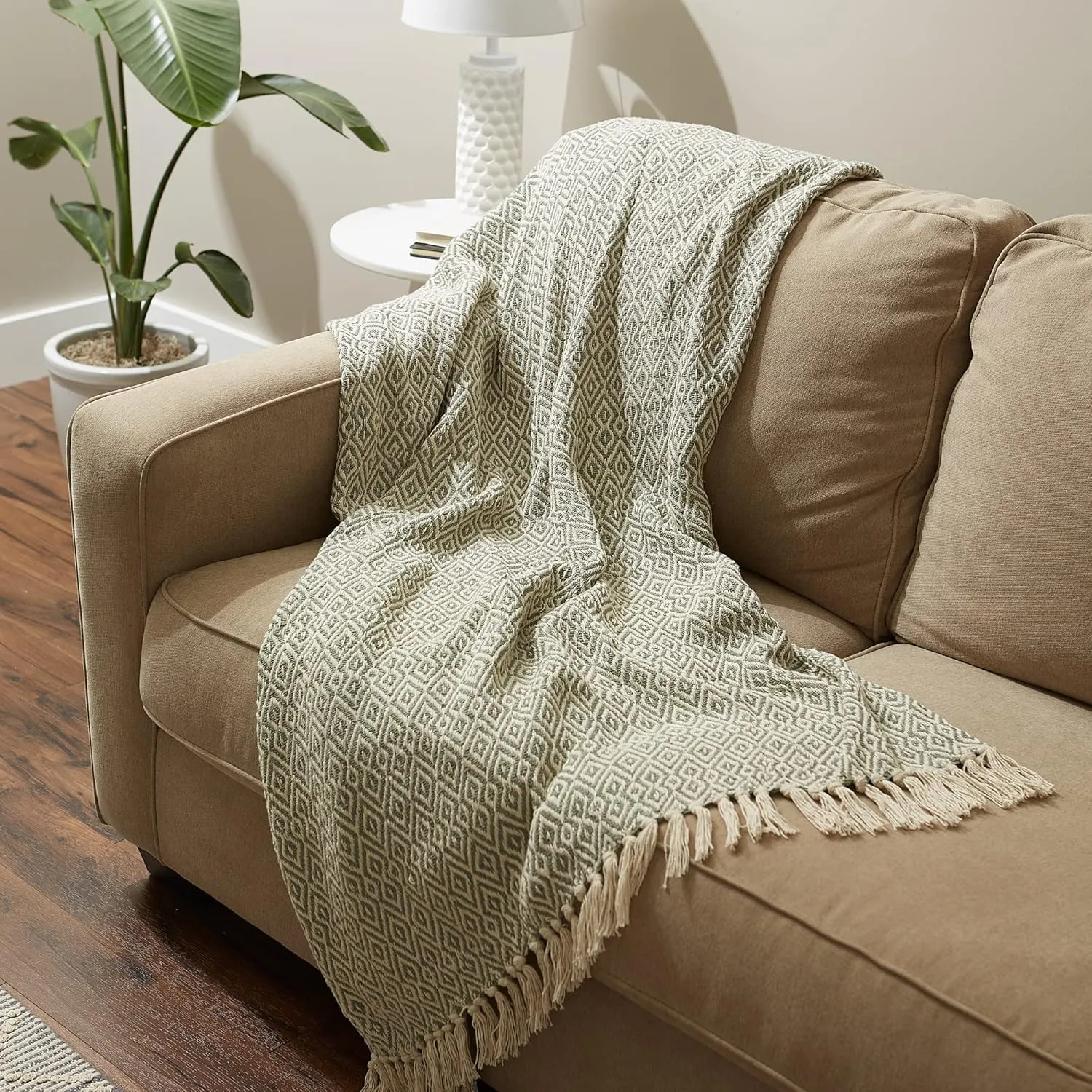 DII Rustic Farmhouse Double Diamond Woven Throw, 50x60, Artichoke Green