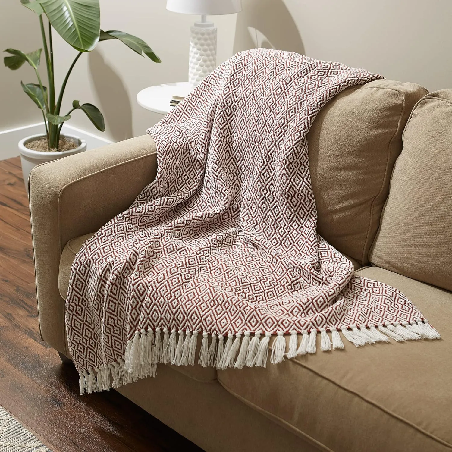 DII Rustic Farmhouse Double Diamond Woven Throw, 50x60, Cinnamon