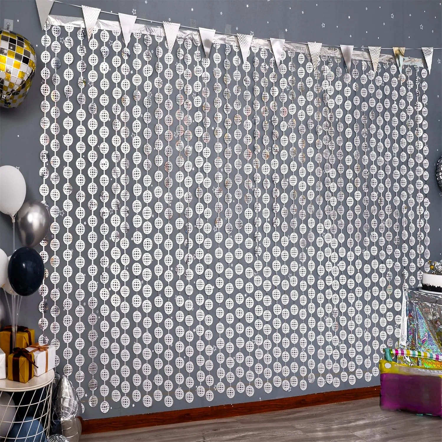 Disco Party Decorations, 4 Pack Disco Ball Photo Booth Props,3.3x6.6 ft Silver Foil Fringe Curtains Photo Backdrop for The 70s & 80s Last Disco Bachelorette, Decades, Taylor Party Decor